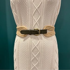 Wide statement waist belt dark green leather and breaded cord rope brass buckle